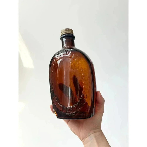 Vintage Dark Browl Glass Log Cabin Syrup Bicentennial Glass Container with Top - Picture 3 of 10